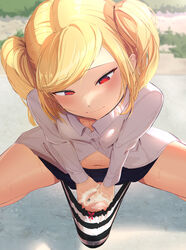 1futa 1girls 2020s 2021 areolae bangs bare_legs belly_button big_penis black_skirt blonde_hair blush both_hands_on_cock bow clothed clothed_futanari clothing cum daytime erection erection_in_panties erection_under_clothes eyebrows_visible_through_hair frustrated futa_focus futa_only futanari handjob huge_cock human jerkingoff leaking_precum light-skinned_futanari looking_forward looking_pleasured lube masturbating masturbation medium_hair mostly_clothed original original_character outdoors pent_up petite precum precum_stain red_bow red_eyes rubbing rubbing_penis school_uniform schoolgirl shadow shimapan simple_background slit_pupils small_breasts solo spread_legs stained_panties standing striped_panties sweat sweaty_body tenting thick_penis thick_thighs thighs tontekiss touching_penis twintails veiny_penis viewed_from_above wavy_mouth wet wet_panties wet_penis white_shirt rating:Explicit score:877 user:Cero_Oscuras