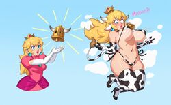 1girls absurdres alternate_breast_size big_breasts breast_expansion breasts cow_girl cow_print earrings elbow_gloves female female_only fully_clothed gloves highres huge_breasts lactation lingerie mario_(series) navel nintendo panties princess_peach rizdraws solo super_mario_bros. thick_lips thick_thighs thighhighs thong transformation wide_hips rating:Explicit score:413 user:justausername