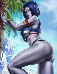 1girls ass breasts dandon_fuga dc dc_comics female female_only looking_at_viewer looking_back pinup rachel_roth raven_(dc) smooth_skin solo teen_titans thick_thighs rating:Questionable score:150 user:justausername