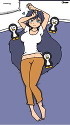 alternate_version_available bandage_on_face barefoot belly_button big_breasts blue_eyes body_pillow_design curvy_figure cute dark_blue_hair exposed_belly female front_view full_body huge_breasts kim_han_yi_(writers_crusaders) laying_down laying_on_bed long_hair penguin plushie solo_female wcjuan writers_crusaders rating:Explicit score:4 user:WCJuan