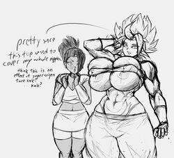 2girls abs baggy_pants big_ass big_breasts breast_expansion caulifla crop_top dragon_ball dragon_ball_super english_text huge_breasts implied_breast_expansion ineffective_clothing kale lapotato8 monochrome muscular_bimbo muscular_female skirt thick_thighs voluptuous wide_hips rating:Explicit score:126 user:puddinghardpan