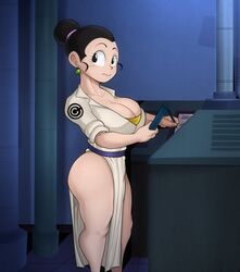 big_breasts black_eyes black_hair breasts bun capsule_corporation_logo chichi cleavage clothed clothes detnox dragon_ball earrings female female_only green_earrings hair_bun laboratory looking_to_the_side solo_female thick_thighs thighs rating:Questionable score:207 user:thehorny1