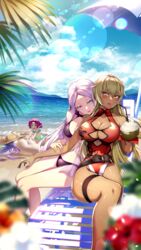 4girls absurdres alcohol alternate_costume beach beach_chair beach_umbrella bikini blonde_hair blush breasts buried cleavage cluseller coconut commission dark-skinned_female dark_skin fae_(fire_emblem) female_only fire_emblem fire_emblem:_the_binding_blade fruit_cup green_eyes hat heterochromia highres huge_filesize idunn_(fire_emblem) igrene_(fire_emblem) large_breasts long_hair manakete multiple_girls nintendo one-piece_swimsuit open_mouth pink_hair purple_hair red_eyes red_swimsuit shore skeb_commission sky sophia_(fire_emblem) straw_hat swimsuit thighs umbrella yellow_eyes rating:Questionable score:66 user:kris923