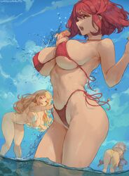 2d 3girls absurd_res areola_slip areolae artist_name ass bangs beach belly belly_button big_breasts bikini blonde_hair blunt_bangs breasts butt cleavage curvaceous curvy curvy_figure cutesexyrobutts dat_ass day erect_nipples erect_nipples_under_clothes female female_only hi_res high_resolution highleg highleg_bikini highres hourglass_figure huge_breasts large_breasts leaning_forward long_hair micro_bikini multiple_girls mythra navel navel_line nia nipples open_mouth outdoors partially_submerged playful pyra red_eyes red_hair redhead short_hair side-tie_bikini sideboob sidelocks signature sky string_bikini swimsuit thick_thighs thighs thin_waist underboob v water watermark wet wide_hips xenoblade_(series) xenoblade_chronicles_2 rating:Questionable score:651 user:WatchTheLanguage