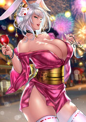 1girls absurdres anima_(togashi) animal_ears bare_shoulders blue_eyes bracelet breasts bunny_ears candy_apple choker cleavage female final_fantasy final_fantasy_xiv fireworks fox_mask highres huge_breasts japanese_clothes jewelry kimono looking_at_viewer mask original parted_lips sash short_hair silver_hair smile solo thighhighs viera yukata rating:Questionable score:113 user:Mr_Dragon