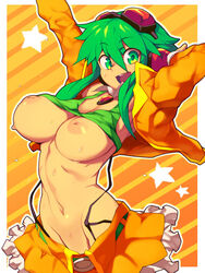 :d arm_up big_breasts breasts breasts_out brooch clothes_lift cowboy_shot eyewear_on_head female goggles goggles_on_head green_eyes green_hair gumi inverted_nipples jewelry large_breasts looking_at_viewer megpoid megpoid_gumi metata navel nipples open_mouth red-tinted_eyewear shirt_lift skirt smile solo star_(symbol) sweat tank_top tinted_eyewear vocaloid rating:Questionable score:100 user:masternoobcake