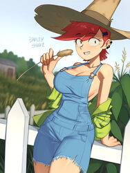 1girls against_fence bare_shoulders barleyshake black_eyes cartoon_network cleavage clothing day ear_piercing eyebrows_visible_through_hair eyelashes farm farmer farmgirl female foster's_home_for_imaginary_friends frankie_foster hairclip human jacket naked_overalls outdoors outside overalls piercing red_hair sideboob smile straw_hat wheat rating:Questionable score:406 user:SleepieZee