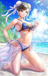 1girls beach bikini breasts brown_eyes brown_hair chun-li day earrings female female_only hair_ornament hand_on_hip medium_breasts on_knees outside parted_lips shiny_skin short_hair sky solo street_fighter wajuniorbox wet rating:Questionable score:98 user:Thirsy_Lucario