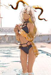 1girls absurd_res animal_ears arknights auguste bare_shoulders beeswax_(arknights) bikini black_bikini blonde_hair brown_skin choker dark-skinned_female dark_skin highres horns long_hair looking_at_viewer medium_breasts midriff navel off_shoulder open_clothes outside pool shirt silver_hair solo standing stomach summer swimsuit thighs toned toned_female wading water wet wet_skin yellow_eyes rating:Questionable score:56 user:oldspice1