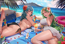 2girls alternate_costume artist_name ass bangs bare_legs barefoot beach big_ass big_breasts bikini black_bikini black_swimsuit blue_eyes blush breasts byleth_(fire_emblem) byleth_(fire_emblem)_(female) byleth_(summer)_(fire_emblem)_(female) cup drink drinking_straw exlic female female_only fire_emblem fire_emblem:_three_houses fire_emblem_heroes flower green_eyes green_hair hair_flaps hair_flower hair_ornament hair_tucking hibiscus higher_resolution_duplicate huge_ass huge_breasts innertube island large_breasts leg_up lips long_hair looking_at_viewer looking_back lotion lying mat medium_hair multiple_girls nail_polish nintendo on_stomach patreon_username red_flower rhea_(fire_emblem) rhea_(summer)_(fire_emblem) seaside smile spoon sunscreen swimsuit teal_hair the_pose toes towel undressed untied untied_bikini utensil_in_mouth white_bikini white_swimsuit rating:Questionable score:130 user:kris923