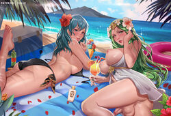 1futa 1girls alternate_costume ass backsack balls beach big_ass big_balls big_breasts bikini black_bikini black_swimsuit blue_eyes breasts byleth_(fire_emblem) byleth_(fire_emblem)_(female) byleth_(summer)_(fire_emblem)_(female) clothed clothing detailed_background drink exlic female fire_emblem fire_emblem:_three_houses fire_emblem_heroes flower full-package_futanari futanari green_eyes green_hair hair_flaps hairless_ass hairless_balls hairless_penis hibiscus horny huge_ass huge_breasts human innertube large_breasts light-skinned_female light-skinned_futanari light_skin long_hair looking_at_viewer looking_back lotion medium_hair mostly_nude nintendo penis pussy red_flower rhea_(fire_emblem) rhea_(summer)_(fire_emblem) seaside sunscreen swimsuit teal_hair testicles the_pose towel undressed white_bikini white_swimsuit rating:Explicit score:211 user:justausername