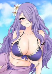 1girls absurdres alternate_costume arm_under_breasts bare_shoulders bikini blue_sky blush breasts camilla_(fire_emblem) camilla_(summer)_(fire_emblem) cleavage cloud clouds collarbone commentary fire_emblem fire_emblem_fates fire_emblem_heroes flower flower_in_hair front-tie_bikini grin hair_flower hair_ornament hair_over_one_eye hibiscus highres huge_breasts large_breasts long_hair looking_at_viewer midriff navel nintendo official_alternate_costume outdoors purple_bikini purple_eyes purple_hair purple_swimsuit sarong see-through sitting sky smile solo swimsuit the_only_shoe very_long_hair wavy_hair white_flower rating:Questionable score:77 user:kris923