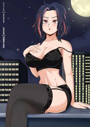 big_breasts black_bra black_panties blush bob_cut bra bryaxrt building crossed_legs garter_straps kaina_tsutsumi lady_nagant legs_crossed lingerie my_hero_academia night panties stockings rating:Questionable score:123 user:Lady_Nagant_