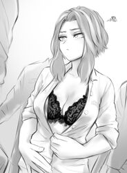 1girls black_bra bra breasts cleavage female female_focus hair kaina_tsutsumi lacy_bra lady_nagant my_hero_academia open_clothes open_shirt opening_shirt pouting prison prisoner shirt shpo unbuttoning rating:Questionable score:175 user:Lady_Nagant_