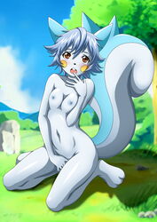 anthro anthro_only blue_hair blurry_background breasts brown_eyes buckteeth cheek_markings day female_only finger_to_mouth furry game_freak hand_between_legs hi_res highres implied_masturbation kneeling masturbation nipples nude nude_female open_mouth outside pachirisu paws pokémon_(species) pokemon pokemon_dppt pokepornlive small_breasts solo solo_female sunny surprised tail rating:Explicit score:30 user:UltiEmp2