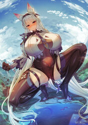 animal_ears blue_hair boat cameltoe erect_nipples eula_(genshin_impact) fox_ears genshin_impact giantess high_heels huge_breasts huge_thighs hyper_breasts hyper_thighs leotard nipple_bulge red_eyes size_difference smug spread_legs squatting suerte thigh_high_boots rating:Questionable score:189 user:Danyverse