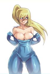 1girls allurenimbus alternate_breast_size annoyed areolae big_breasts blonde_hair bodysuit breasts breasts_out embarrassed female female_only frown green_eyes hourglass_figure large_breasts looking_away metroid nintendo nipples plain_background ponytail samus_aran skin_tight solo undressing white_background zero_suit zero_suit_samus rating:Explicit score:243 user:C09S-K137