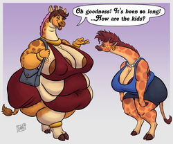 2girls anklet anthro bbw bead_necklace belly big_belly big_breasts bracelet breasts clothed clothing collar crossover dialogue earrings fat female giraffe giraffe_mom giraffid handbag huge_breasts javanshir jewelry kubwa_kalua larger_female mammal mature_anthro mature_female nipple_outline obese obese_anthro obese_female overweight overweight_anthro overweight_female simple_background size_difference skirt smile ssbbw text thatbritishdeer thick_thighs weight_gain rating:Questionable score:34 user:Rafistar100