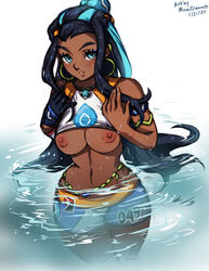 1girls areolae armlet artist_name belly_chain bike_shorts blue_eyes blue_eyeshadow blue_hair breasts breasts_out curvy dark-skinned_female dark_blue_hair dark_skin earrings eyeshadow female female_only gloves hair_bun hoop_earrings jewelry long_hair looking_at_viewer makeup medium_breasts minacream multicolored_hair navel nessa_(pokemon) nintendo nipples pokemon pokemon_ss single_glove solo solo_female two-tone_hair water wet rating:Explicit score:136 user:BB7