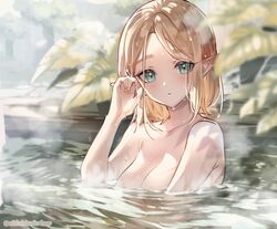 1girls 2021 :o artist_name bathing blonde_hair blush breasts cleavage eyebrows_visible_through_hair female female_only green_eyes hair_tucking highres hylian leaves long_ears medium_breasts nintendo nude onsen open_mouth outdoors partially_clothed plant pointy_ears princess_zelda short_hair shuri_(84k) sitting solo steam tears_of_the_kingdom the_legend_of_zelda twitter_username untied water watermark zelda_(tears_of_the_kingdom) rating:Questionable score:194 user:Blookryynnn