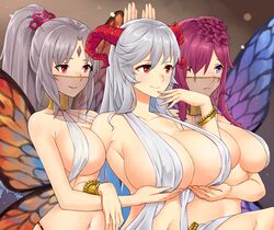 3girls absurdres alternate_costume aphrodite_(shuumatsu_no_valkyrie)_(cosplay) armlet bad_censor blue_eyes blush bracelet breast_hold breast_support breasts butterfly_wings censored cleavage cosplay covered_breasts covering curled_horns facial_mark fairy fairy_wings female female_focus finger_to_face fire_emblem fire_emblem_heroes forehead_mark freyja_(fire_emblem) goat_horns goddess greek_clothes grey_hair handmaiden hands_under_breasts harem_outfit highres holding_breast holding_up_breasts horns huge_breasts igni_tion jewelry large_breasts meme midriff mouth_veil navel neck_ring nintendo parody plumeria_(fire_emblem) pose red_eyes red_hair red_horns relaxed revealing_clothes see-through servants_holding_aphrodite's_breasts_(meme) smile thighs thorns tied_hair triandra_(fire_emblem) veil voluptuous wings rating:Questionable score:213 user:kris923