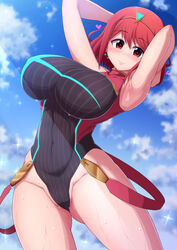 1girls 2021 alternate_costume armpits arms_behind_back arms_behind_head arms_up ass_visible_through_thighs bangs bare_legs belly_button black_swimsuit blue_sky blush breasts competition_swimsuit eyebrows_visible_through_hair female female_focus female_only floating_heart hair_ornament hi_res highleg_swimsuit hips huge_breasts looking_at_viewer nintendo one-piece_swimsuit outdoors ponpo pyra red_eyes red_hair short_hair simple_background slim_waist smile smiling_at_viewer solo stretching suspenders suspenders_hanging swept_bangs swimsuit thick_thighs thighs tiara tight_clothing tight_fit tight_swimsuit wet wet_body wide_hips xenoblade_(series) xenoblade_chronicles_2 rating:Questionable score:124 user:Cero_Oscuras