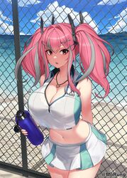 artist_request azur_lane beauty_mark big_breasts bremerton_(azur_lane) bremerton_(scorching-hot_training)_(azur_lane) cleavage clothed clothing crop_top hair_ornament huge_breasts looking_at_another midriff mole_on_breast mole_under_eye morung234 necklace pink_eyes pink_hair revealing_clothes seductive skimpy skimpy_clothes skirt sleeveless smile sweatdrop tennis_uniform thick_thighs thin_waist toned_female twintails two_tone_hair water_bottle wide_hips rating:Questionable score:86 user:Jerkmaster15