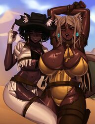 2girls ahoge ahoge_catgirl_(kevbot) breasts brown-haired_catgirl_(kevbot) cleavage dark-skinned_female dark_skin female female_only huge_breasts kevbot mature_female milf mother_and_daughter original rating:Explicit score:192 user:justausername