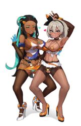 2girls 5t_(artist) arm_up armpits bea_(pokemon) big_breasts bike_shorts bikini bimbo blue_hair blush breasts cameltoe crotchless degradation dress eye_contact eyeshadow female female_only fingerless_gloves fishnet_gloves fishnet_stockings full_body gloves grey_eyes grey_hair hair_ribbon high_heels humiliation long_hair looking_at_viewer makeup micro_bikini microskirt miniskirt nail_polish nessa_(pokemon) nintendo one_breast_out pokemon pokemon_ss revealing_clothes short_hair skirt standing thick_thighs thighs thong two_tone_hair v white_background yellow_nails rating:Questionable score:248 user:Bikuta69