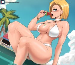 1girls 2021 android android_18 android_girl armpit_crease artist_signature bangle barely_clothed barely_contained bikini blonde_hair blue_eyes blue_sky blush breasts dragon_ball dragon_ball_z ear_piercing earrings eating echosaber feet_out_of_frame female female_focus female_only food hips holding_object ice_cream ice_cream_on_breasts inner_sideboob jewelry large_breasts looking_to_the_side milf mother nail_polish outdoors pool poolside red_nails short_hair sideboob simple_background slim_waist swimsuit tree white_bikini wide_hips rating:Questionable score:554 user:Cero_Oscuras