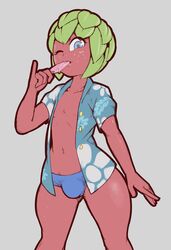 1boy artichoke_hair barry_(loodeldude) blue_eyes bulge dibujosv12 femboy flora_fauna green_hair humanoid leaf_hair male male_only open_shirt penis_bulge popsicle red_skin smooth_skinned_male softcore solo swimsuit rating:Explicit score:15 user:Getrunas