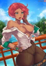 blue_eyes bob_cut breasts brown_skin female giovanna_(guilty_gear) guilty_gear open_shirt pants_down red_hair shirt_down short_hair shoulders sweat thick_thighs rating:Explicit score:139 user:starrman806