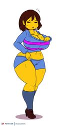 1girls 2021 big_breasts brown_hair color commission digital_media_(artwork) female female_only female_protagonist frisk hi_res high_heels shadow2007x short_shorts sweat teasing thick_thighs thunder_thighs undertale yellow_skin rating:Questionable score:210 user:MomijiTheRabbit