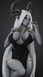 big_breasts black_dress cocktail_dress horns horns_and_hooves jewelry lightforged_draenei lightforged_draenei_priest long_hair lunaara_darkmoon warcraft world_of_warcraft rating:Questionable score:61 user:thereallunaara