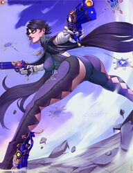 arched_back arimatang ass back_view bayonetta bayonetta_(character) bayonetta_2 beauty_mark black_hair bodysuit clothing cloud dual_wielding earrings elbow_gloves favorite firearm from_below glasses gun handgun holding_object holding_weapon jewelry looking_at_viewer looking_back necklace outside pinup pose sega short_hair skin_tight sky solo solo_focus spread_legs weapon white_gloves rating:Questionable score:237 user:orbitjewel