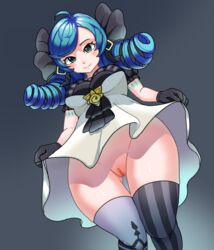 1girls blue_hair blush bottomless censored drill_hair gloves green_eyes gwen_(league_of_legends) hair_ornament league_of_legends looking_at_viewer pack_of_inu partially_clothed presenting simple_background solo twin_drills rating:Explicit score:91 user:LukeSkyLuke