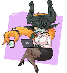 1girls blouse eyeliner fangs female female_only glasses heels high_heels imp laptop lingerie lipstick living_hair loggus_doggus long_hair makeup midna nintendo pantyhose pen pencil_skirt red_lipstick secretary shortstack skirt solo starbucks stockings the_legend_of_zelda torn_pantyhose rating:Questionable score:60 user:Log_draws