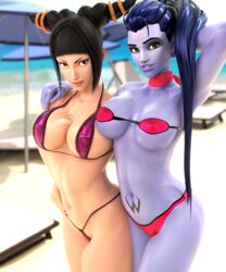 3d adeptusinfinitus beach bikini blender blue_hair blue_skin breasts dark_hair drill_hair hips juri_han micro_bikini midriff overwatch ponytail posing scarf seductive street_fighter street_fighter_v thong widowmaker rating:Questionable score:142 user:AdeptusInfinitus