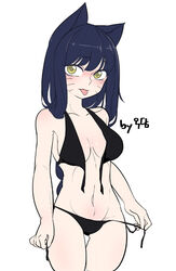 ahri animal_ears bikini bikini_pull black_bikini black_hair blush breasts facial_mark fox_ears league_of_legends navel okdam riot_games side-tie_bikini standing tagme tongue tongue_out yellow_eyes rating:Questionable score:22 user:AbsoluteTerritory