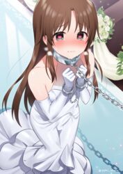 +++_(artist) 1boy bare_shoulders blush bride brown_hair bulge chained_wrists chains clenched_teeth commission crossdressing dress elbow_gloves erection erection_under_clothes femboy girly gloves heart heart-shaped_pupils highres little_busters! long_dress long_hair male male_focus naoe_riki nose_blush otoko_no_ko precum skeb_commission solo symbol-shaped_pupils tears teeth trap white_dress white_gloves rating:Explicit score:225 user:bot