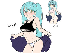 black_topwear blue_hair blush bow_panties comparison cyan_hair embarrassed league_of_legends long_hair looking_back okdam panties pink_topwear polka_dot polka_dot_panties riot_games skirt skirt_removed sona_buvelle standing tagme taking_clothes_off torn_topwear twintails undressing white_panties yellow_eyes rating:Questionable score:22 user:AbsoluteTerritory