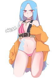 1girls alternate_hairstyle angry annoyed artist_name artist_signature blue_hair bra bullet_necklace bullets collar cyan_hair exposed_midriff eyelashes_visible_through_hair eyes_visible_through_hair female female_focus female_only hair_down human jacket jinx_(league_of_legends) league_of_legends light-skinned_female light_blush light_skin long_hair midriff navel no_pants okdam orange_jacket pale-skinned_female pale_skin panties petite pink_eyes pink_panties red_eyes riot_games simple_background solo solo_focus standing straight_hair tattoo very_long_hair white_background rating:Questionable score:95 user:AbsoluteTerritory