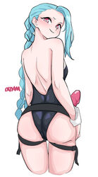 1girls 2021 artist_name artist_signature ass belt big_ass black_belt black_leotard blue_hair blush blushing braid braided_hair braided_ponytail braided_twintails cyan_hair exposed_back exposed_shoulders female female_focus female_only flat_chest flat_chested jinx_(league_of_legends) large_ass league_of_legends leotard light-skinned_female light_skin looking_at_viewer looking_back looking_back_at_viewer okdam orange_eyes pale pale-skinned_female pale_skin pink_eyes pink_strap-on riot_games sex_toy simple_background skin_tight small_breasts solo solo_female solo_focus standing strap-on thigh_belt twin_braids twintails white_background wide_hips rating:Explicit score:141 user:AbsoluteTerritory