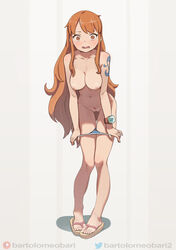 1girls bartolomeobari bent_over big_breasts blushing breasts brown_eyes embarrassed embarrassed_female feet female female_only flip_flops large_breasts nami nipples nude nude_female one_piece orange_hair panties panties_around_legs patreon_username post-timeskip pubic_hair pussy shounen_jump solo source_request straight surprised tattoo toes twitter_username uncensored undressing rating:Explicit score:938 user:tysherose