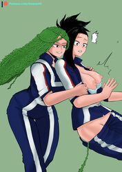 2girls amano44 black_eyes black_hair brown_eyes exposed_breasts from_behind green_hair ibara_shiozaki large_breasts long_hair momo_yaoyorozu my_hero_academia prehensile_hair shiozaki_ibara shocked smile surprised u.a._gym_uniform undressing undressing_another vines yaoyorozu_momo yuri rating:Explicit score:137 user:Gajulaman