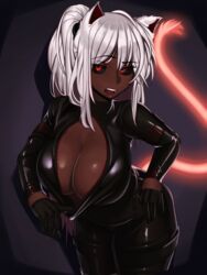 1girls black_gloves black_sclera bodysuit breasts buckle cat_ears cat_girl cat_tail catgirl cleavage coco_(bakeneko) dark-skinned_female dark_skin fangs female glowing_tail half_gloves huge_breasts kevbot large_breasts latex long_hair looking_at_viewer mole mole_on_breast mole_under_eye ponytail red_eyes solo solo_female unzipped unzipped_bodysuit unzipping very_dark_skin white_hair rating:Questionable score:227 user:OhHeHornyHorny