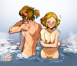 1boy 1girls areolae back_muscles bath bathing blonde blonde_hair blonde_pubic_hair blush breasts casual embarrassed embarrassed_nude_exposure embarrassed_nude_female female female_pubic_hair hairy_pussy hylian kukumomo large_breasts link link_(breath_of_the_wild) male muscles muscular muscular_male navel nintendo nipples nonsexual_nudity nude pale_skin pointy_ears princess_zelda pubes pubic_hair pussy_hair tears_of_the_kingdom the_legend_of_zelda washing water wide_hips zelda_(tears_of_the_kingdom) rating:Explicit score:389 user:justausername