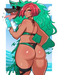 arc_system_works ass back_view beach bikini blue_eyes bob_cut bubble_butt cloud curvy dark-skinned_female dark_skin fangs feeding giovanna_(guilty_gear) green_bikini guilty_gear guilty_gear_strive hand_on_hip hi_res holding_object licking looking_at_viewer looking_back ocean outside popsicle red_hair rei_(guilty_gear) scruffyturtles shiny_skin short_hair standing sunglasses thick_thighs thigh_strap water rating:Questionable score:235 user:orbitjewel