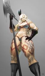 abs amazon amazon_(dragon's_crown) axe blonde_hair blonde_pubic_hair breasts cleavage dragon's_crown edit female gloves green_eyes legs long_hair looking_at_viewer looking_down muscles muscular_female muscular_thighs pubic_hair pubic_hair_peek solo tattoo thick_thighs third-party_edit thong viewed_from_below wassnonnam weapon rating:Explicit score:115 user:R-998