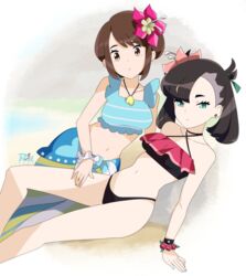 2girls bikini black_bikini_bottom black_hair bracelet brown_hair dark_hair earrings eyebrows_visible_through_hair female female_only flower gloria_(pokemon) hair_ribbon hand_on_thigh looking_at_viewer marnie_(pokemon) necklace nintendo pokemon pokemon_masters pokemon_ss r3dfive short_black_hair short_brown_hair short_hair simple_background summer_gloria_(pokemon_masters) summer_marnie_(pokemon_masters) swimsuit rating:Safe score:174 user:Freezer88